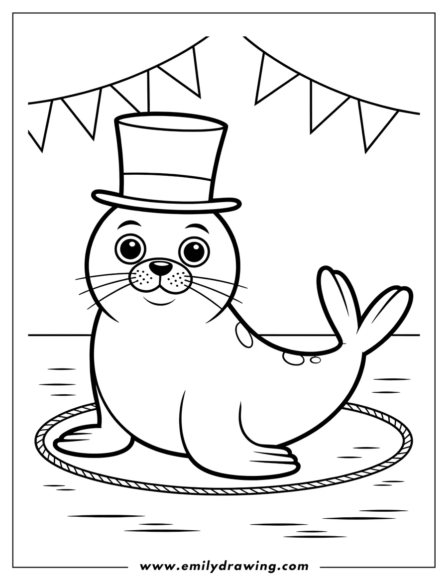 Outline of a harp seal wearing a top hat and standing inside a rope ring, possibly in a circus setting