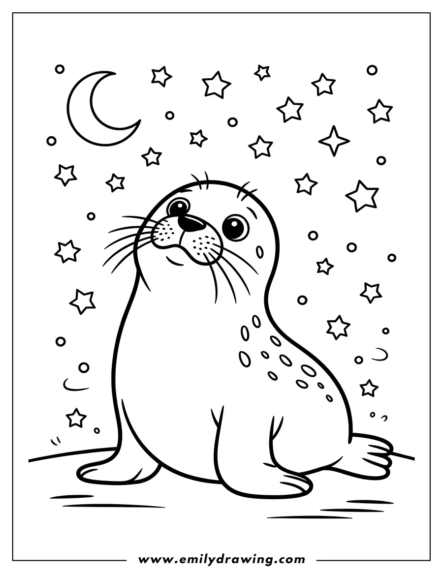 Outline of a harp seal sitting beneath a crescent moon and stars.