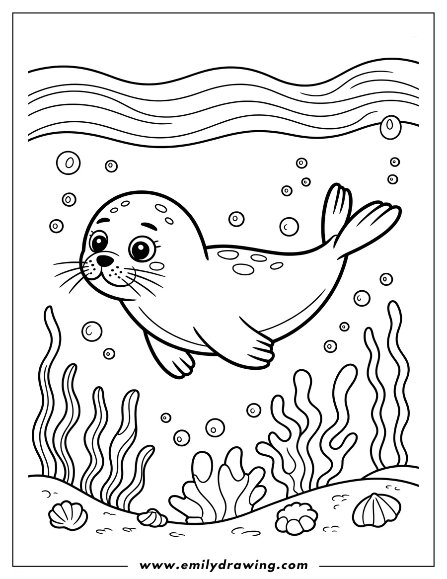 Outline of a harp seal swimming underwater amongst seaweed and bubbles.