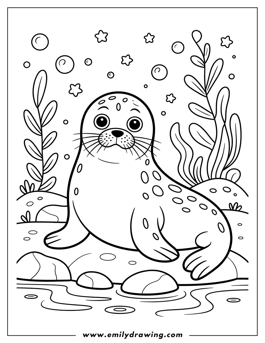 Line art of a baby harp seal sitting by the water's edge, with seaweed and bubbles in the background.