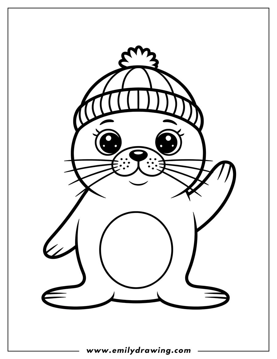 Outline of a harp seal wearing a winter hat with a pom-pom, waving.