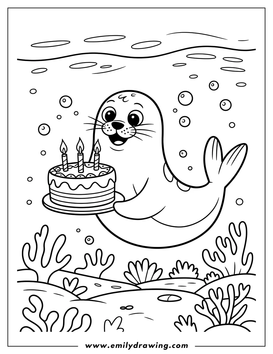 Line art of a harp seal holding a birthday cake with three lit candles underwater. Seaweed and the ocean floor are visible below.
