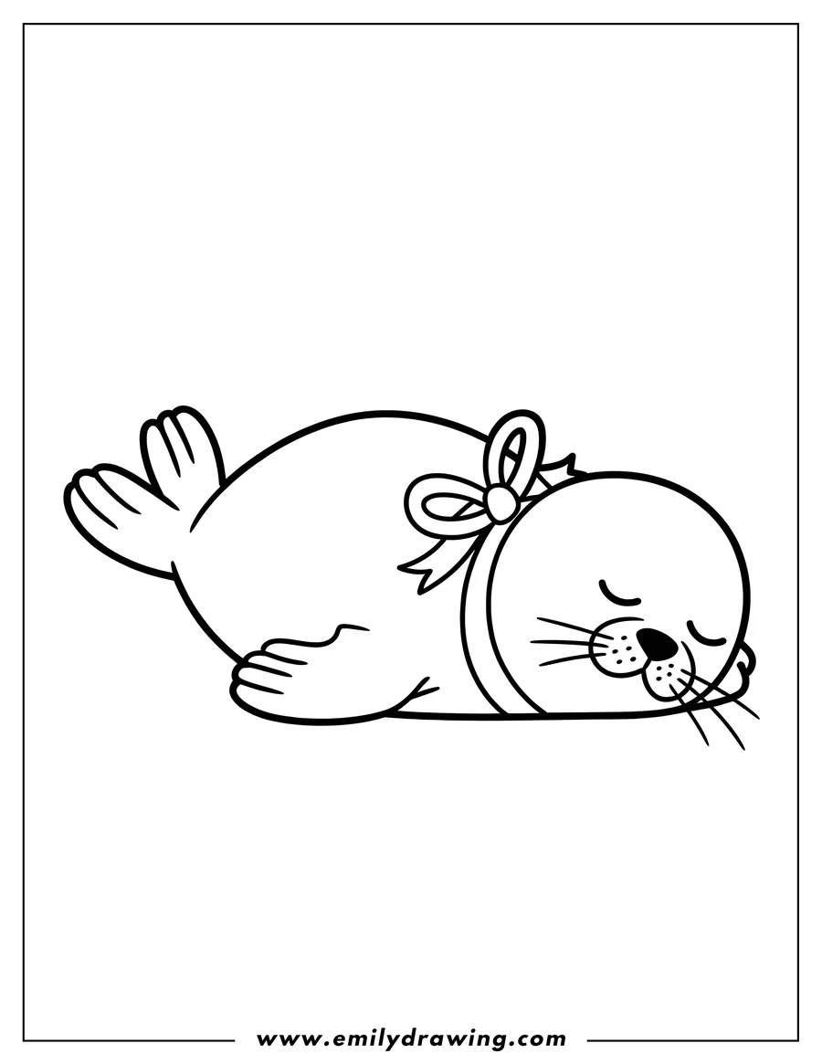 Outline of a harp seal sleeping with a bow around its neck.