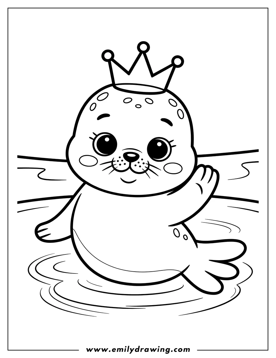 Line art of a harp seal wearing a crown and waving, likely in the water.