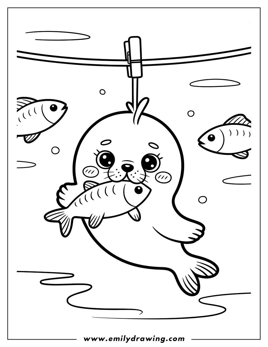 Line art of a harp seal holding a fish in its mouth, hanging from a clothesline underwater with other fish nearby.