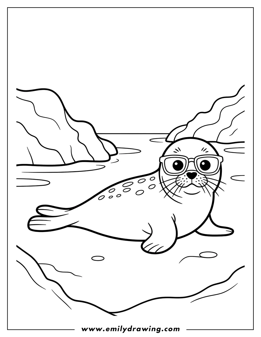 Line art of a harp seal wearing glasses, situated near the shore with rocky outcrops in the background.