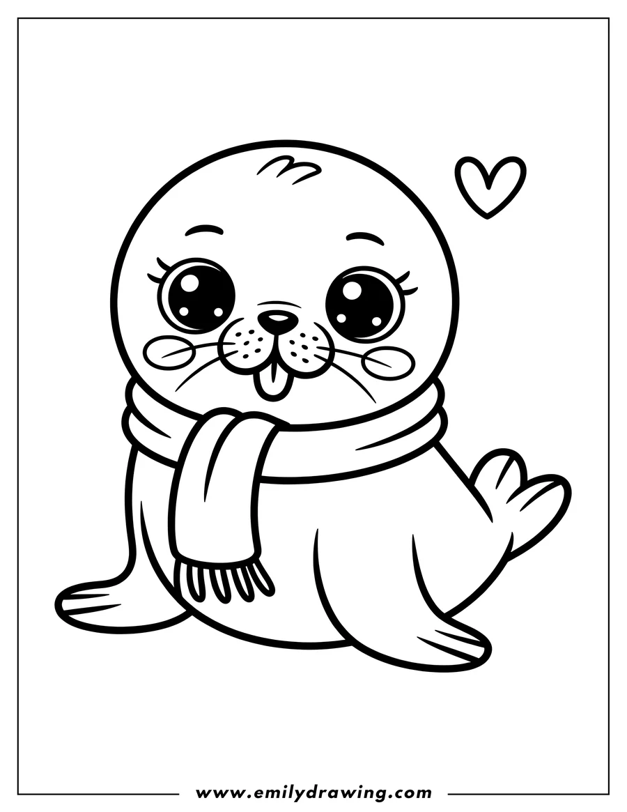 Line art of a baby harp seal wearing a scarf. It has large, cute eyes and its tongue is sticking out playfully.