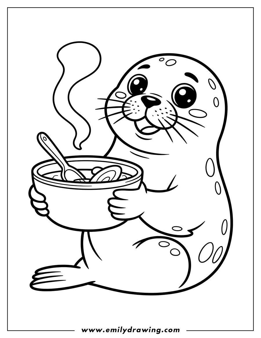 Line art of a harp seal holding a bowl of steaming soup with a spoon in it.