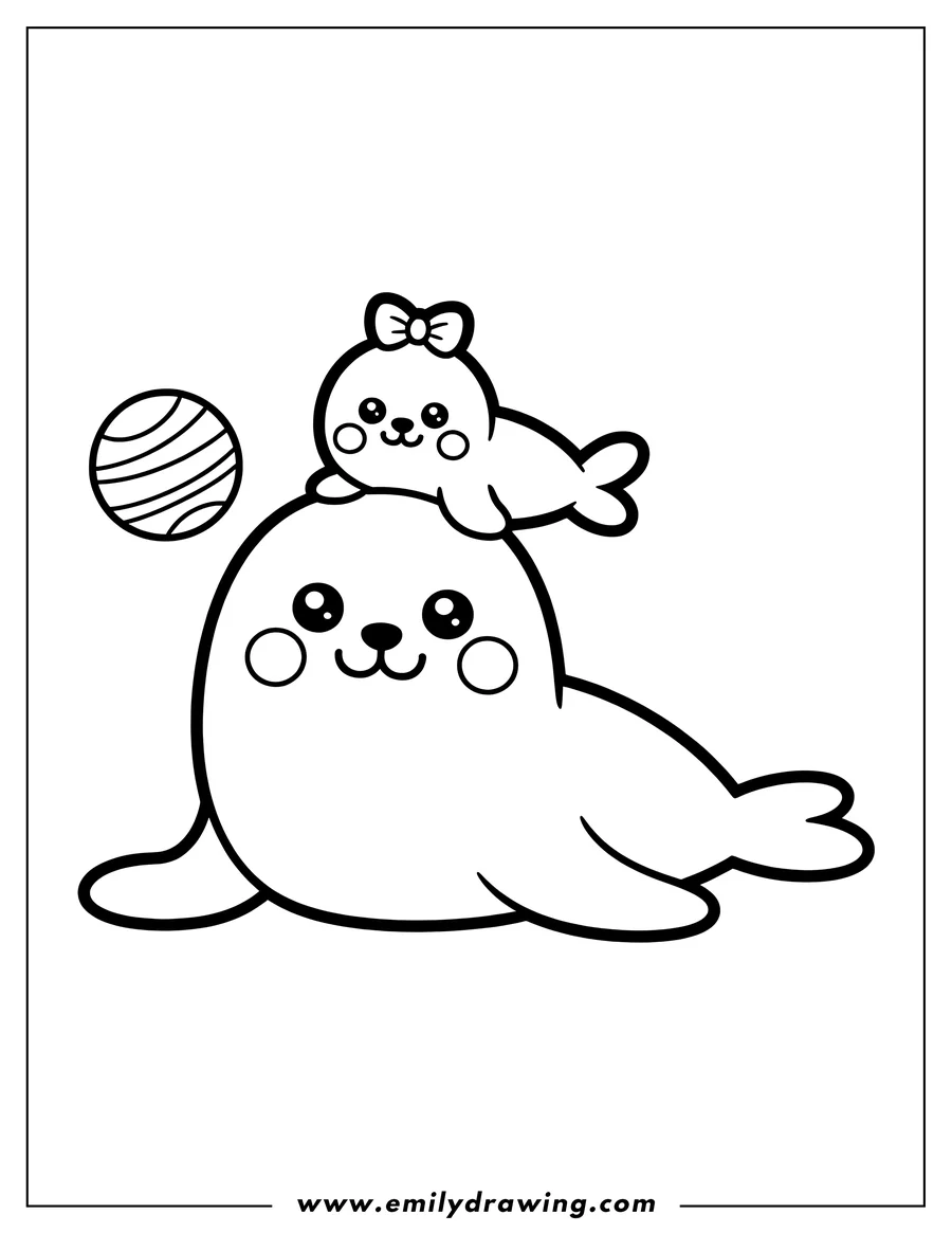 Outline of two harp seals. A baby seal wearing a bow sits on top of a larger seal. A striped ball is next to them.