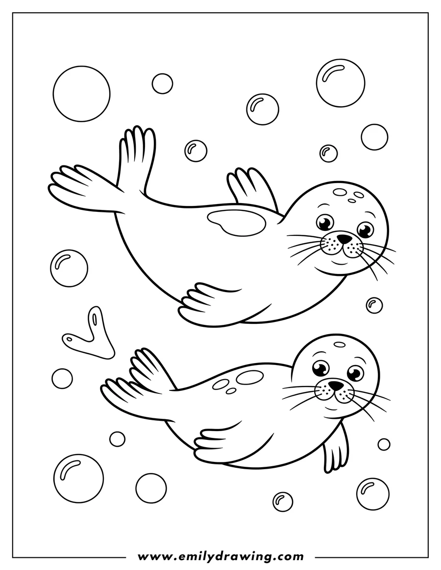 Outline of two playful harp seals swimming amongst bubbles.