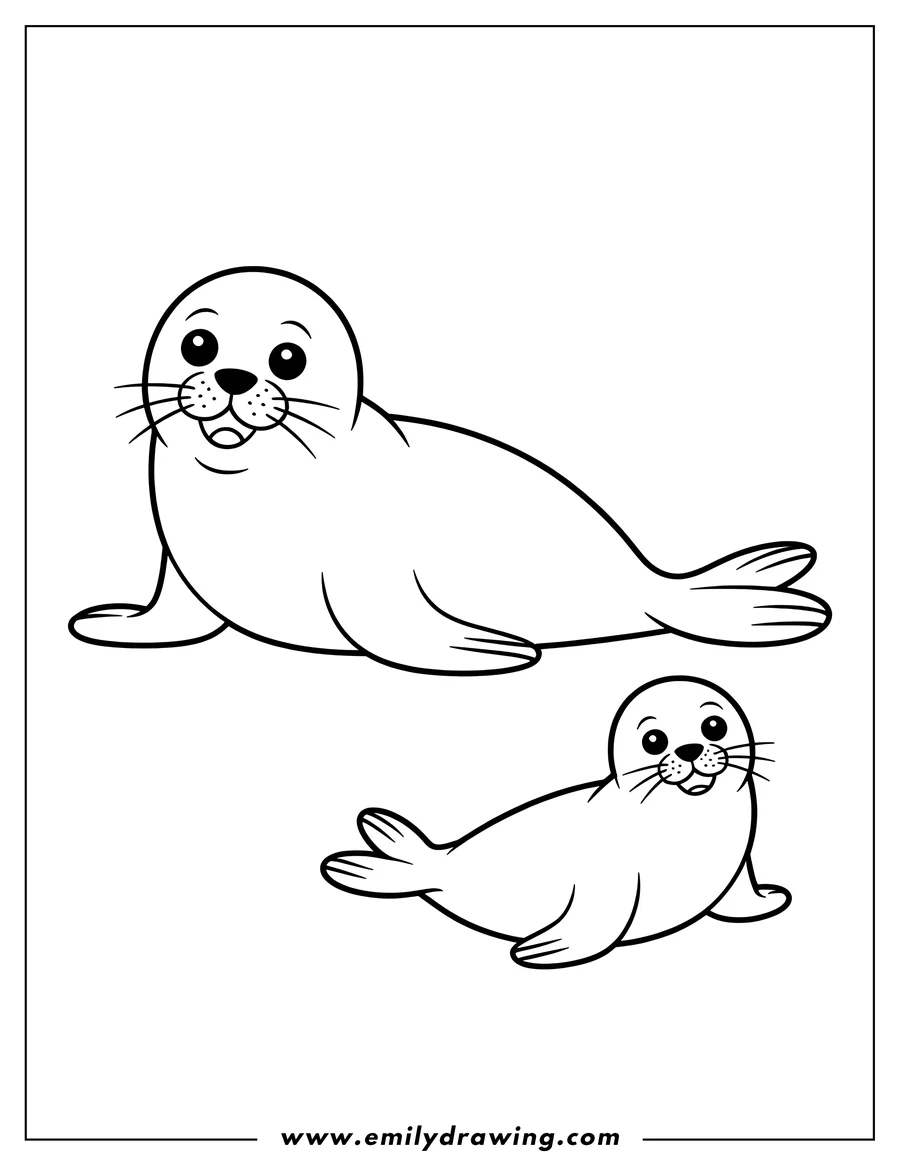 Line art of two harp seals, one larger and one smaller.