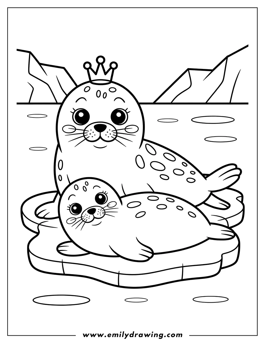 Outline of two harp seals, one large and one small, resting on an ice floe in the water. The larger seal wears a crown.