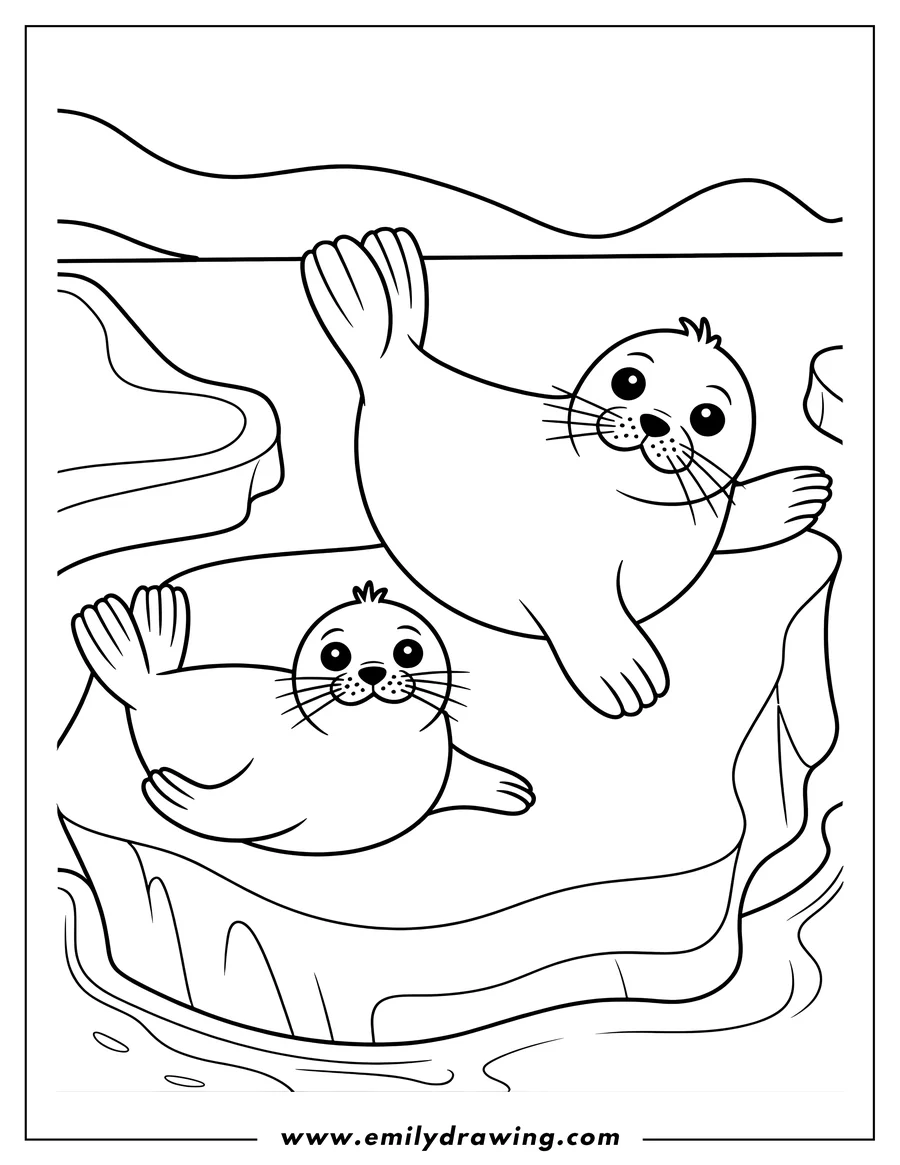 Two harp seals swimming near an ice floe. One seal is playfully flipping in the water.