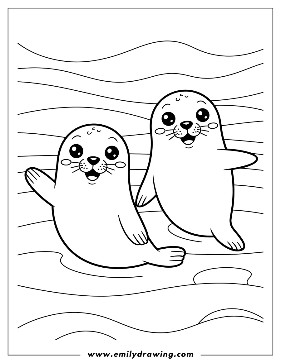 Two friendly harp seals waving in the water. One seal has its flipper raised in greeting.