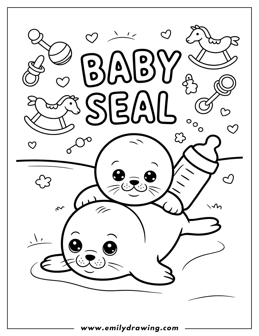 Two harp seals, one large and one small, with the smaller seal holding a baby bottle.