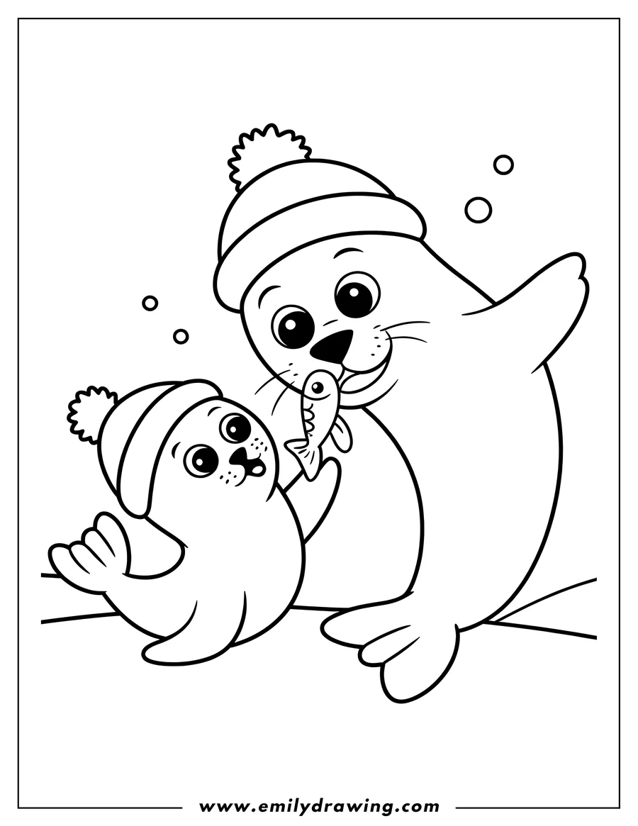 Outline of two harp seals, one large and one small, both wearing winter hats. The larger seal holds a fish, and the smaller seal reaches for it.