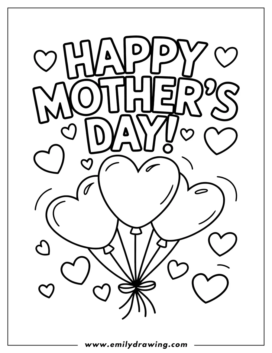 Line art of three heart-shaped balloons tied together with a ribbon, surrounded by small floating hearts, for Mother's Day.