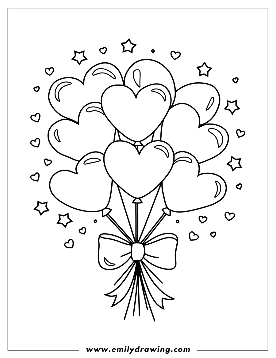 Outline of a bunch of heart-shaped balloons tied together with a bow, surrounded by small hearts and stars.