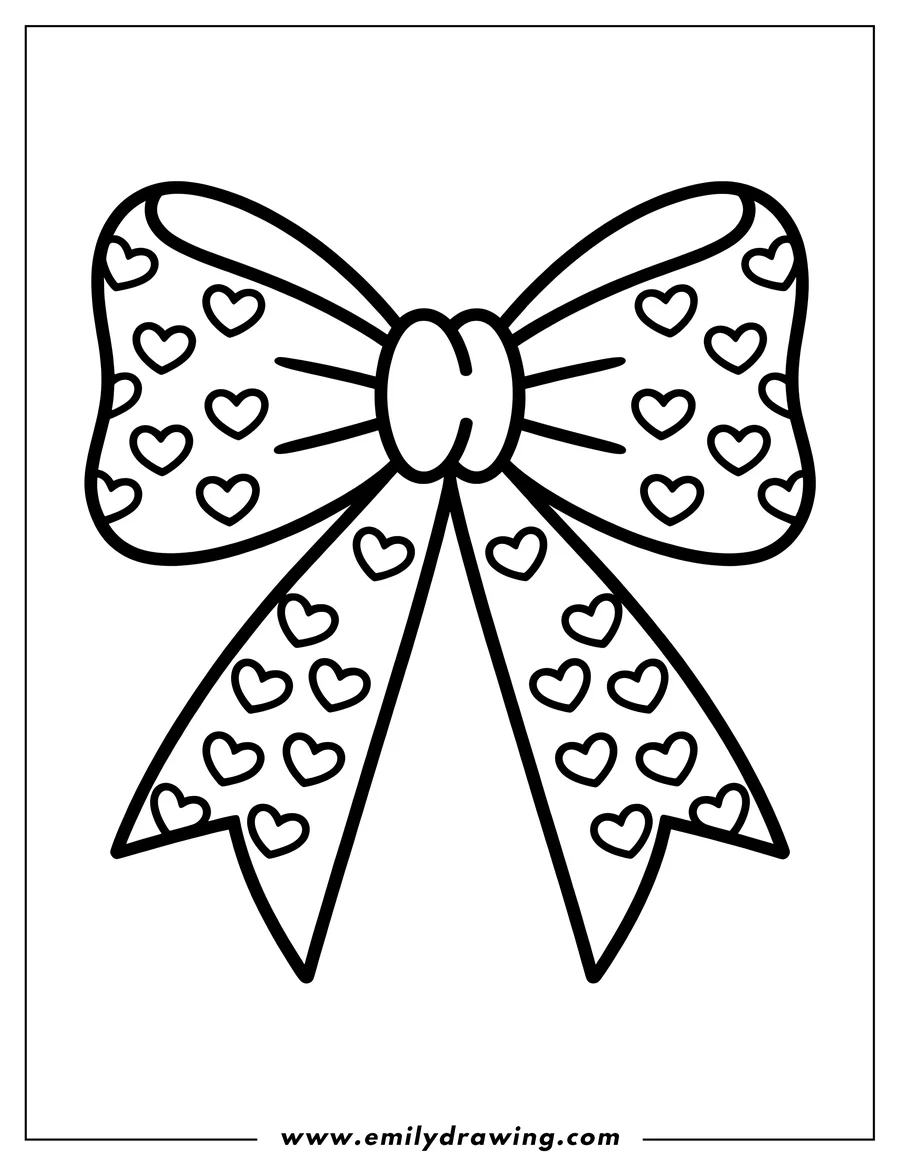 Line art of a bow decorated with small hearts.