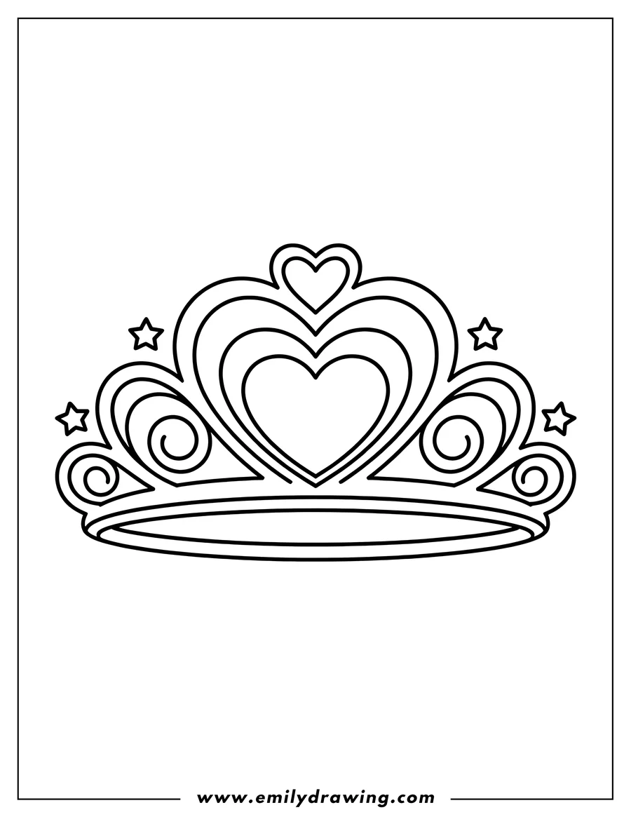 Line art of a crown made of hearts and swirls, decorated with stars.