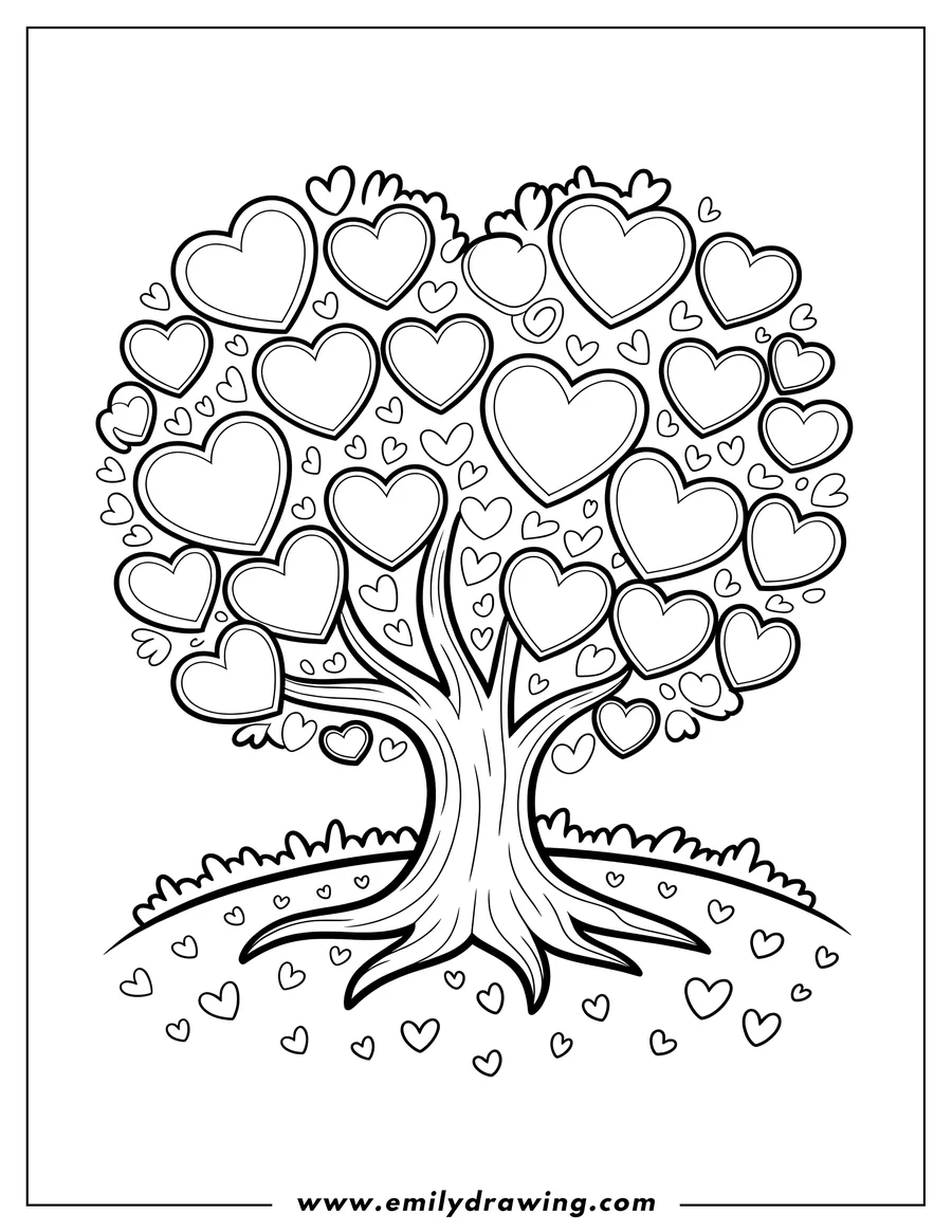 Line art of a tree with heart-shaped leaves and small hearts scattered on the ground around it.