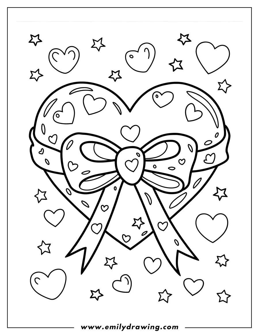 Outline of a large heart decorated with a bow, small hearts, and stars. Perfect for Valentine's Day or anytime you want to color a symbol of love.