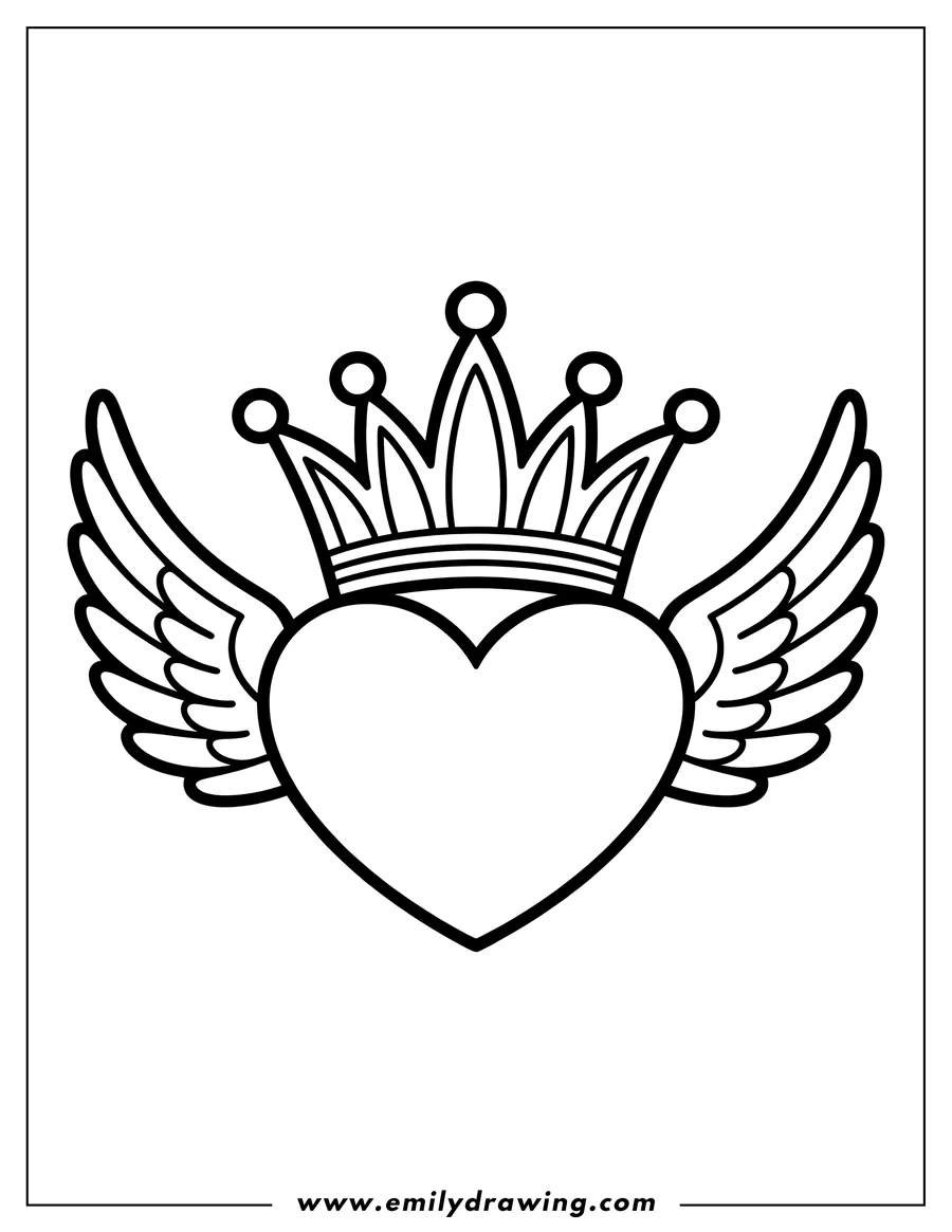 Line art of a heart wearing a crown and sporting wings.