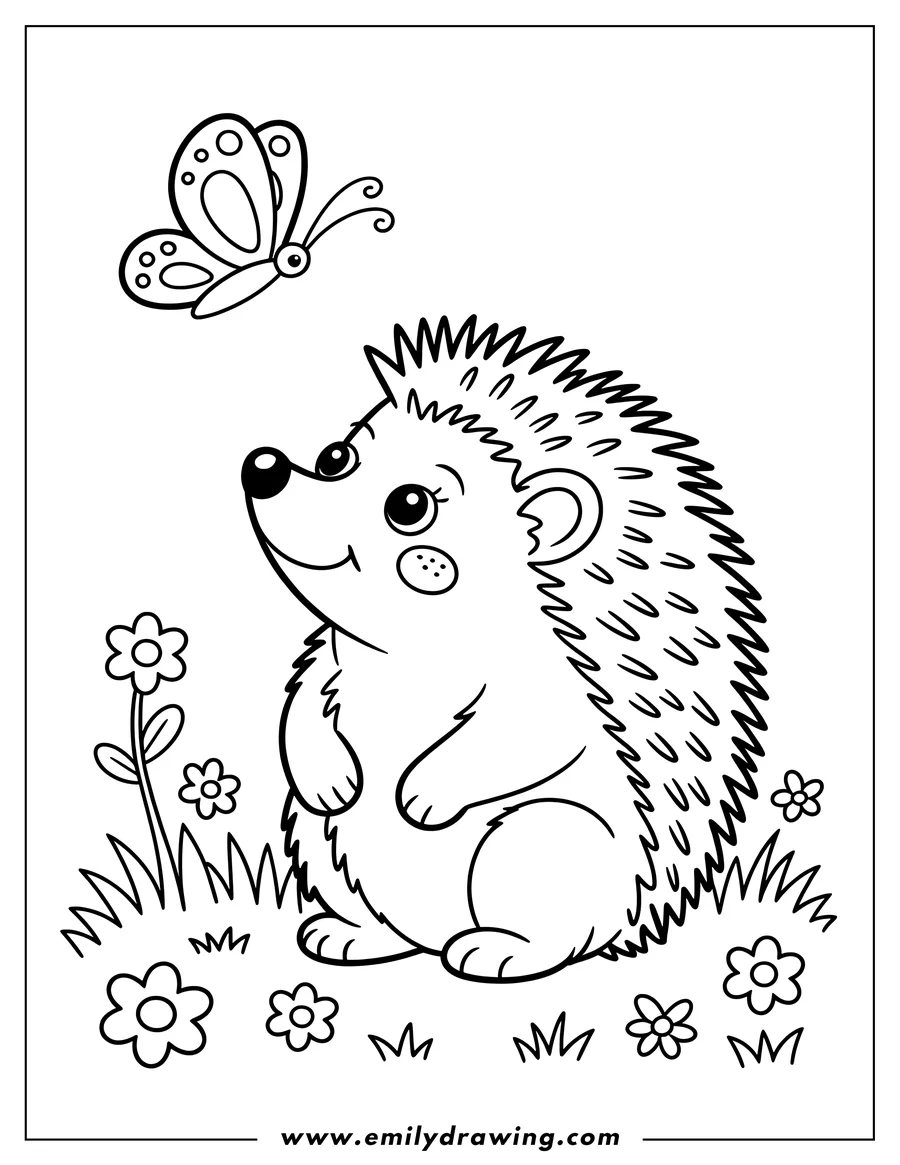 Outline of a hedgehog looking up at a butterfly, surrounded by flowers and grass.
