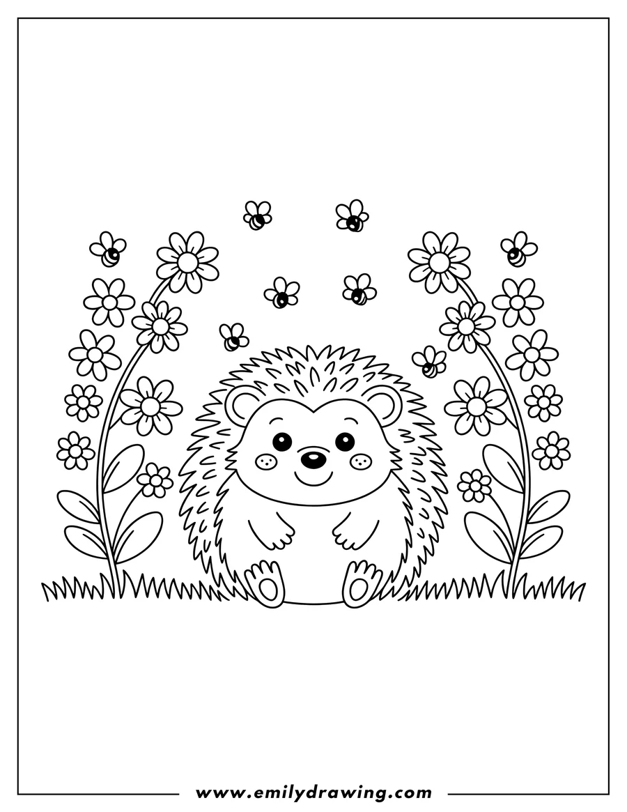 Outline of a hedgehog sitting in the grass, surrounded by flowers with bees buzzing around.