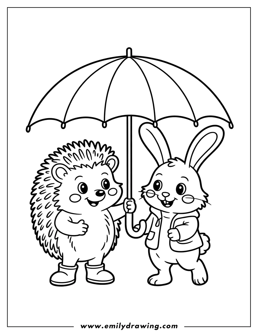 Outline of a hedgehog and rabbit sharing an umbrella. The hedgehog wears boots, and the rabbit wears a jacket. It looks like they are prepared for rain.