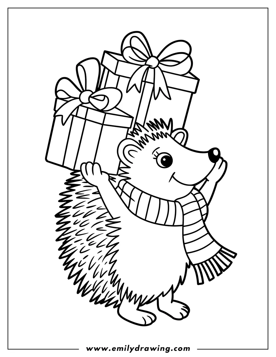 Outline of a hedgehog wearing a striped scarf and carrying two wrapped gifts with bows.