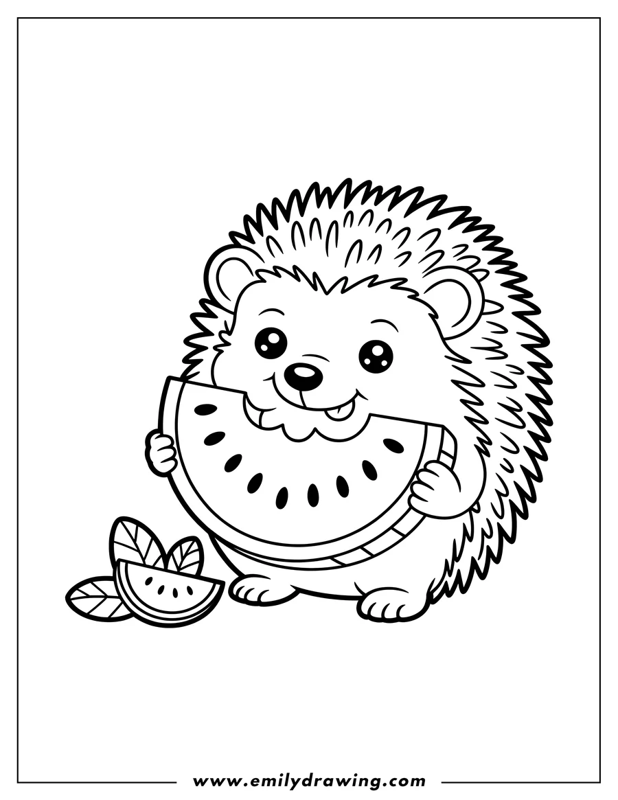Outline of a happy hedgehog holding a large slice of watermelon, with another slice and leaves beside it.