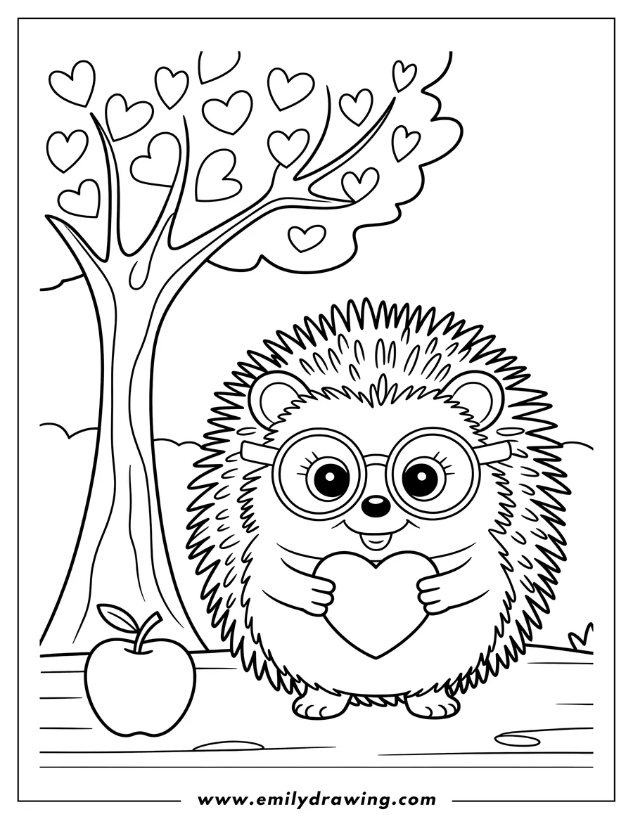 Outline of a hedgehog wearing glasses and holding a heart, with a heart-leaved tree and an apple nearby.