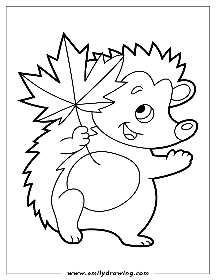 Outline of a cheerful hedgehog holding a large autumn leaf.