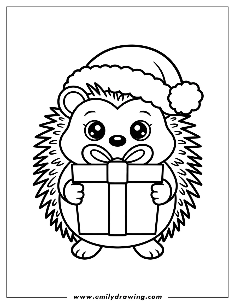Outline of a hedgehog wearing a Santa hat and holding a wrapped present with a bow.