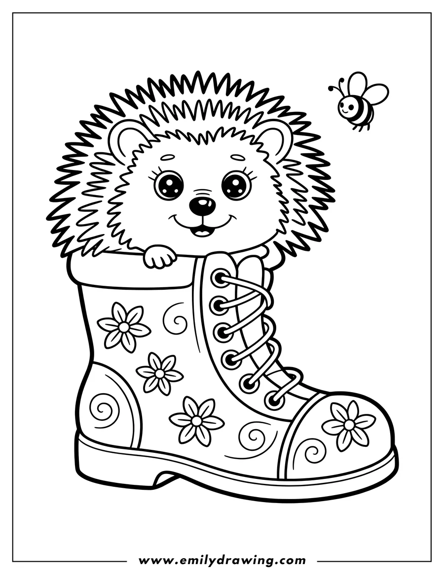Outline of a hedgehog sitting inside a decorated boot with a friendly bee nearby.