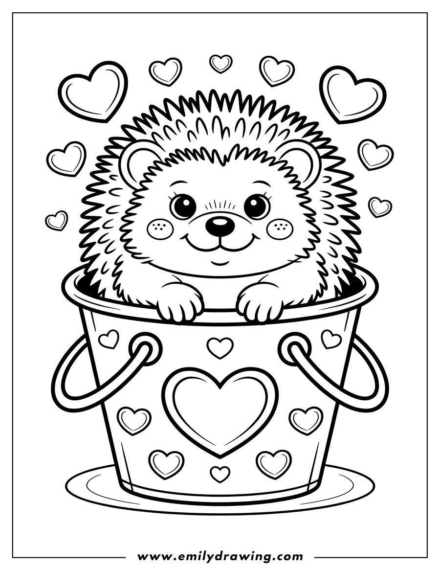 Outline of a hedgehog sitting in a bucket decorated with hearts.