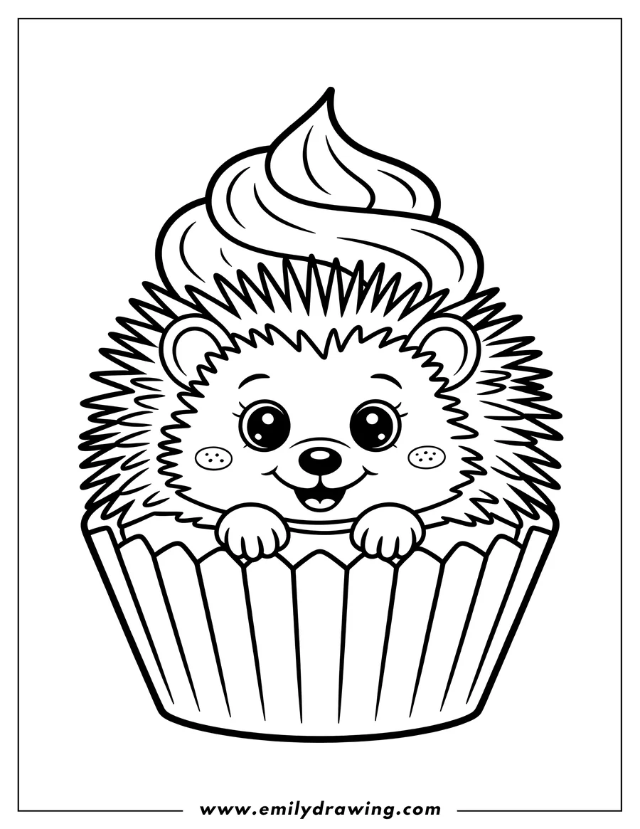 Outline of a hedgehog peeking out of a cupcake with swirled frosting.