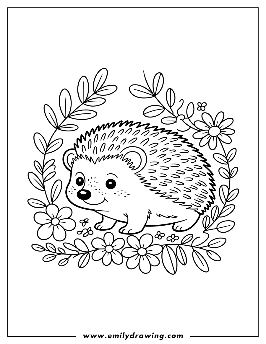Outline of a hedgehog surrounded by a wreath of flowers and leaves.