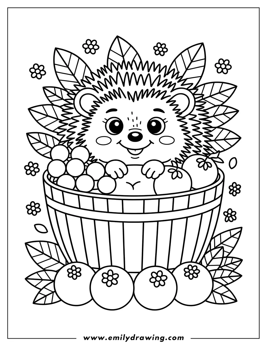 Outline of a hedgehog sitting in a basket full of apples and berries, surrounded by leaves and small flowers.