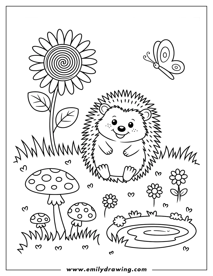 Outline of a hedgehog sitting in a garden with mushrooms, flowers, a sunflower, and a small pond. A butterfly flutters nearby.