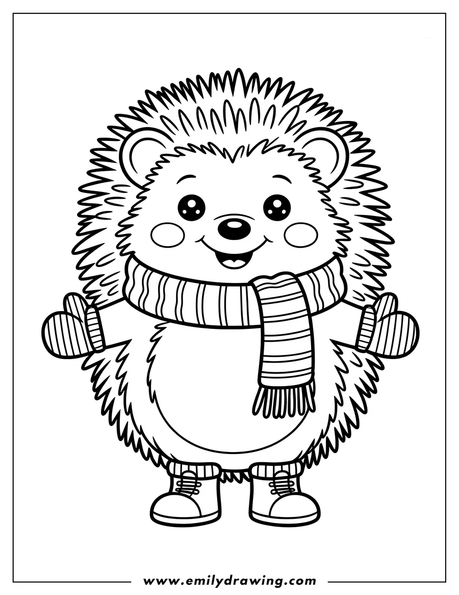Outline of a hedgehog dressed in winter clothes, including a striped scarf, mittens, and laced boots.