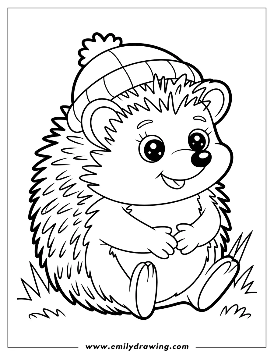 Outline of a happy hedgehog wearing a winter hat, sitting in the grass.