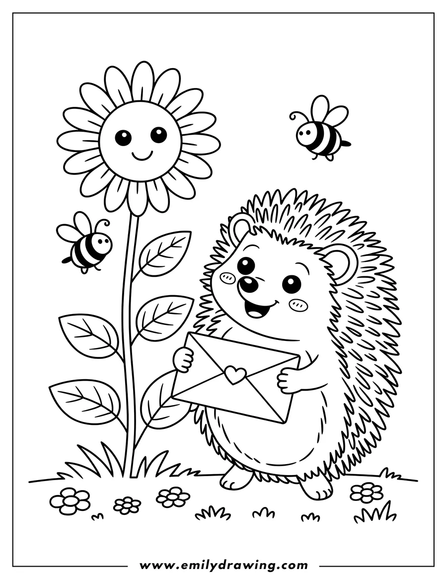 Line art of a hedgehog holding a love letter with a heart on it, next to a smiling sunflower and two bees. Small flowers and grass are at the base.
