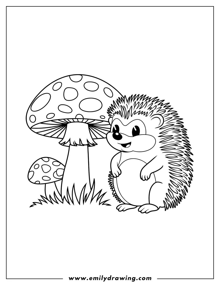 Outline of a cheerful hedgehog standing near a large spotted mushroom and a smaller mushroom in the grass.