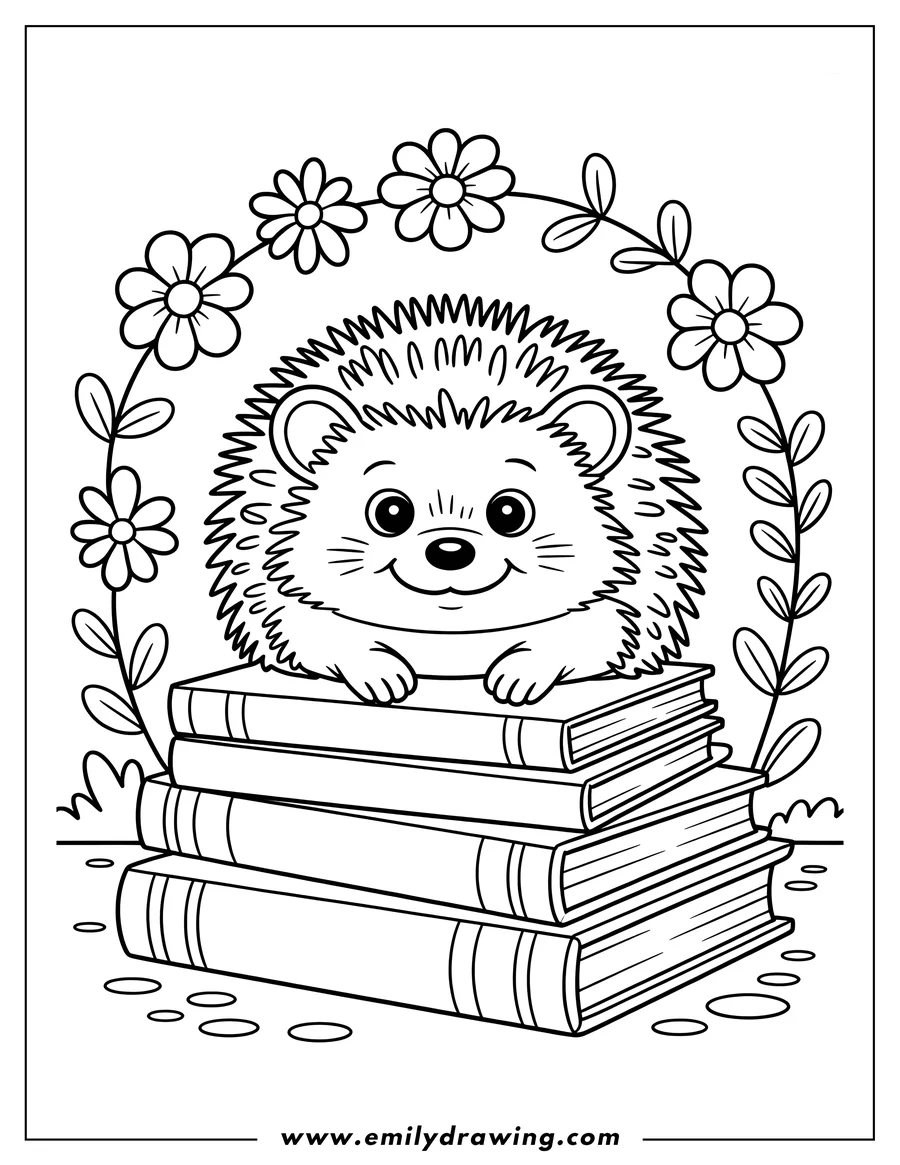 Outline of a hedgehog sitting on a stack of books, with a floral border behind it.