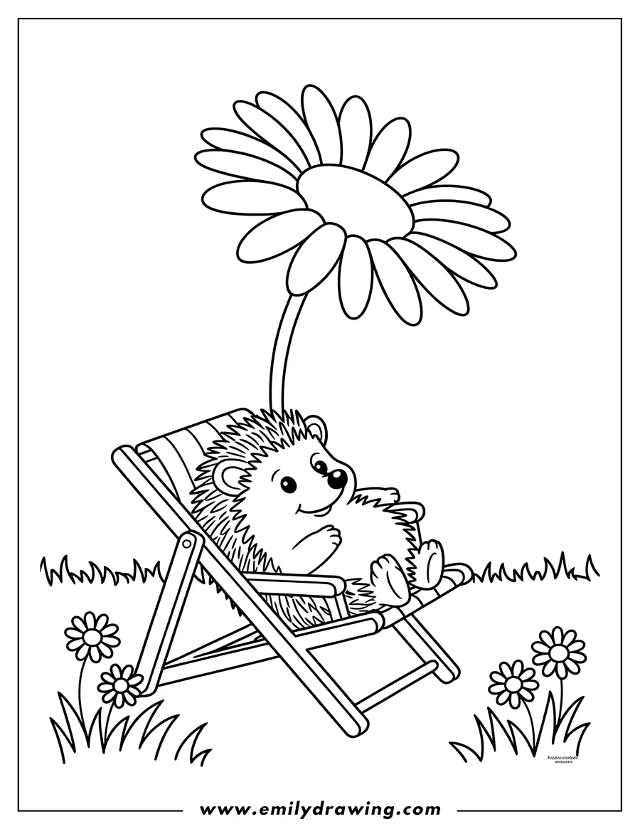 Outline of a hedgehog relaxing in a deck chair under a large daisy flower, with smaller daisies in the grassy background.