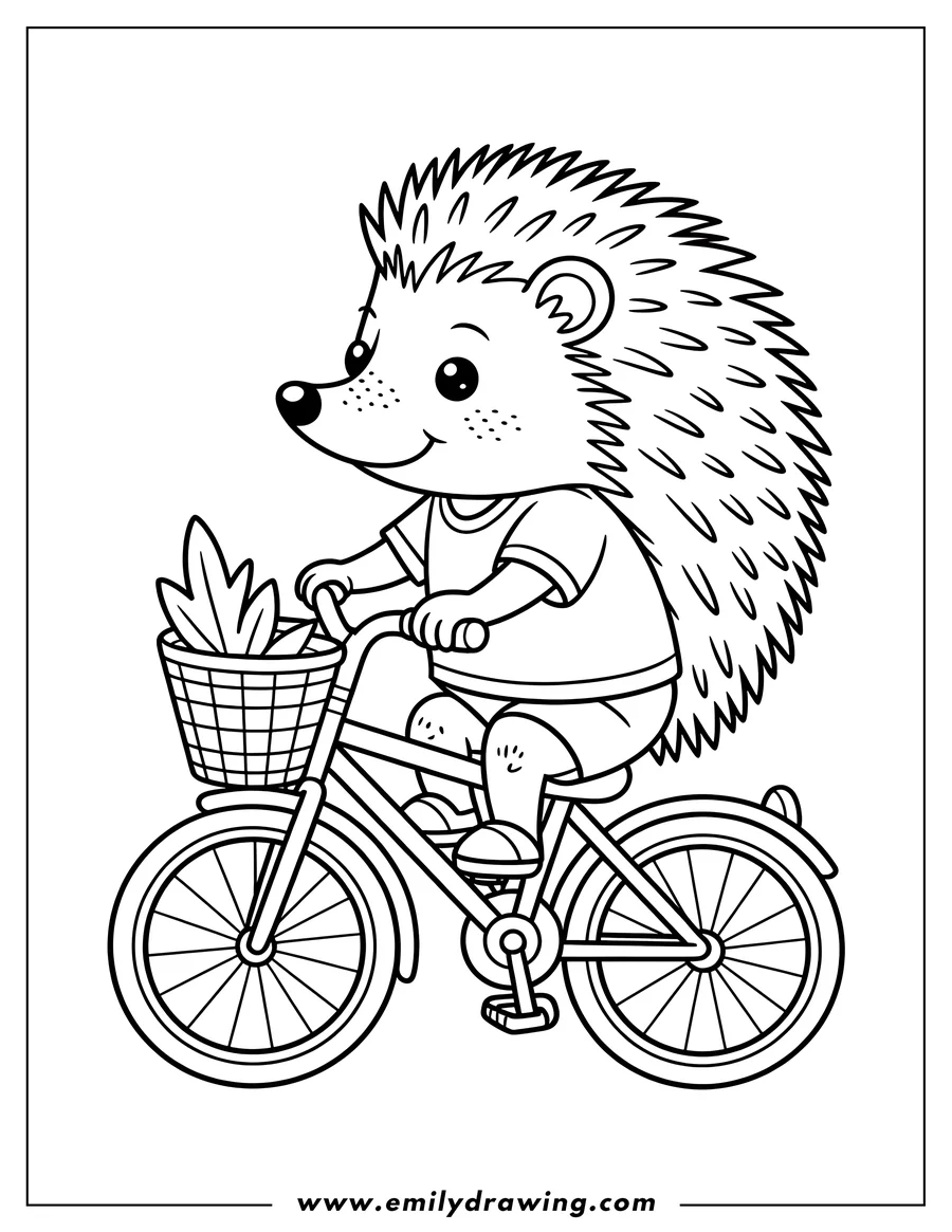 Outline of a hedgehog riding a bicycle with a basket of leaves.