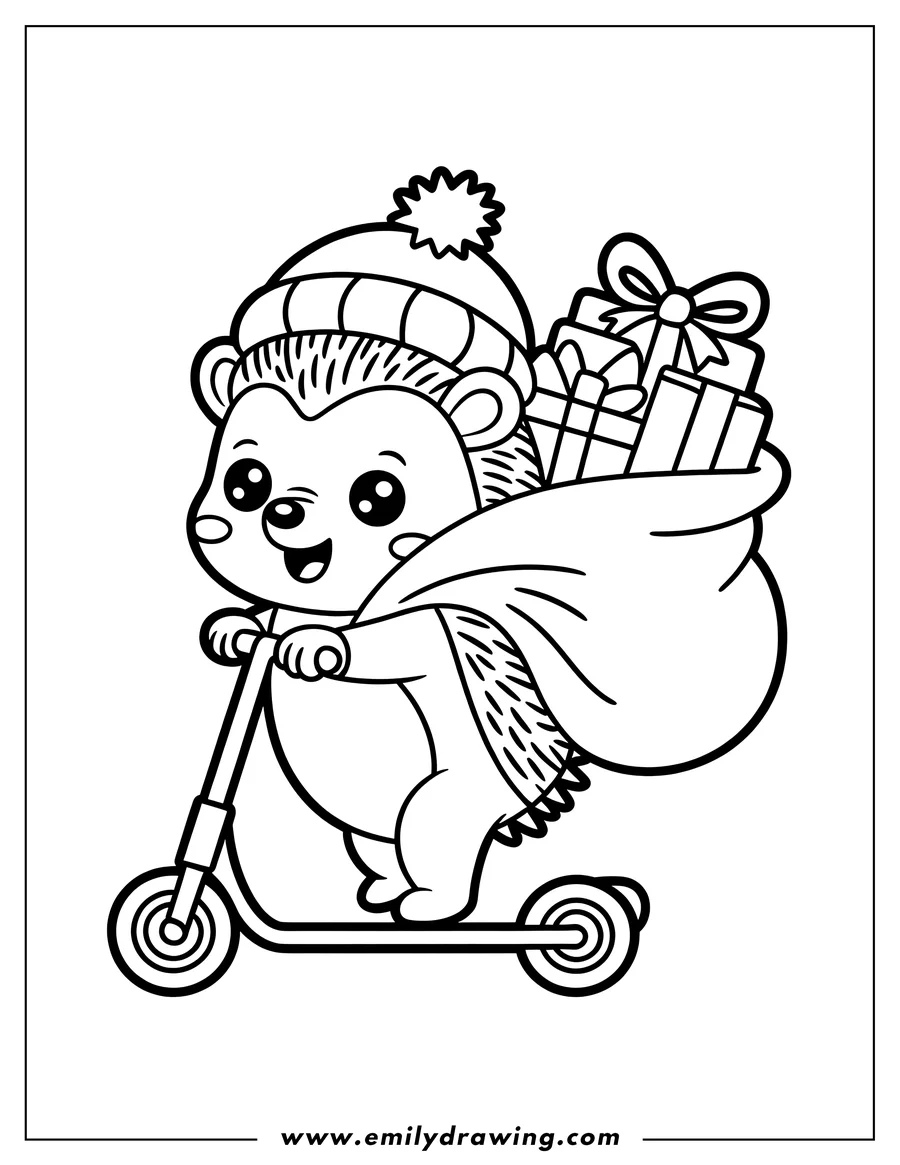 Outline of a hedgehog wearing a winter hat, riding a scooter while carrying a sack of presents.