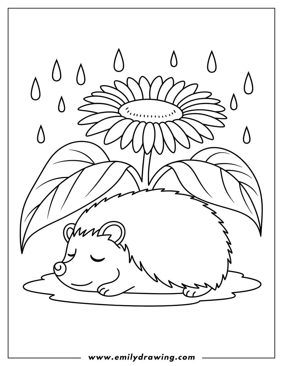 Outline of a hedgehog sleeping peacefully under a large sunflower. Raindrops are falling around it.
